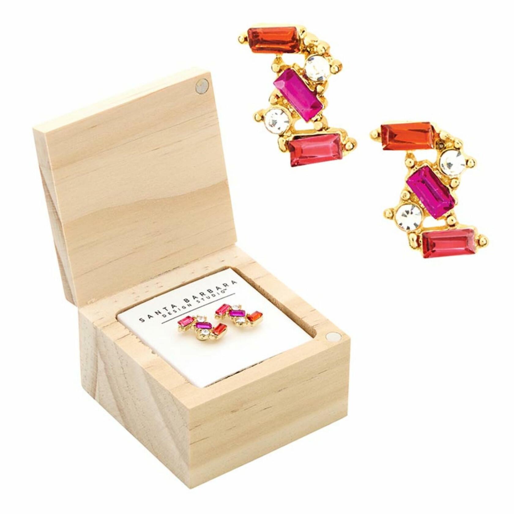 Hot Pink Flower Earring Set with Wood Gift Box by Santa Barbara Design Studio