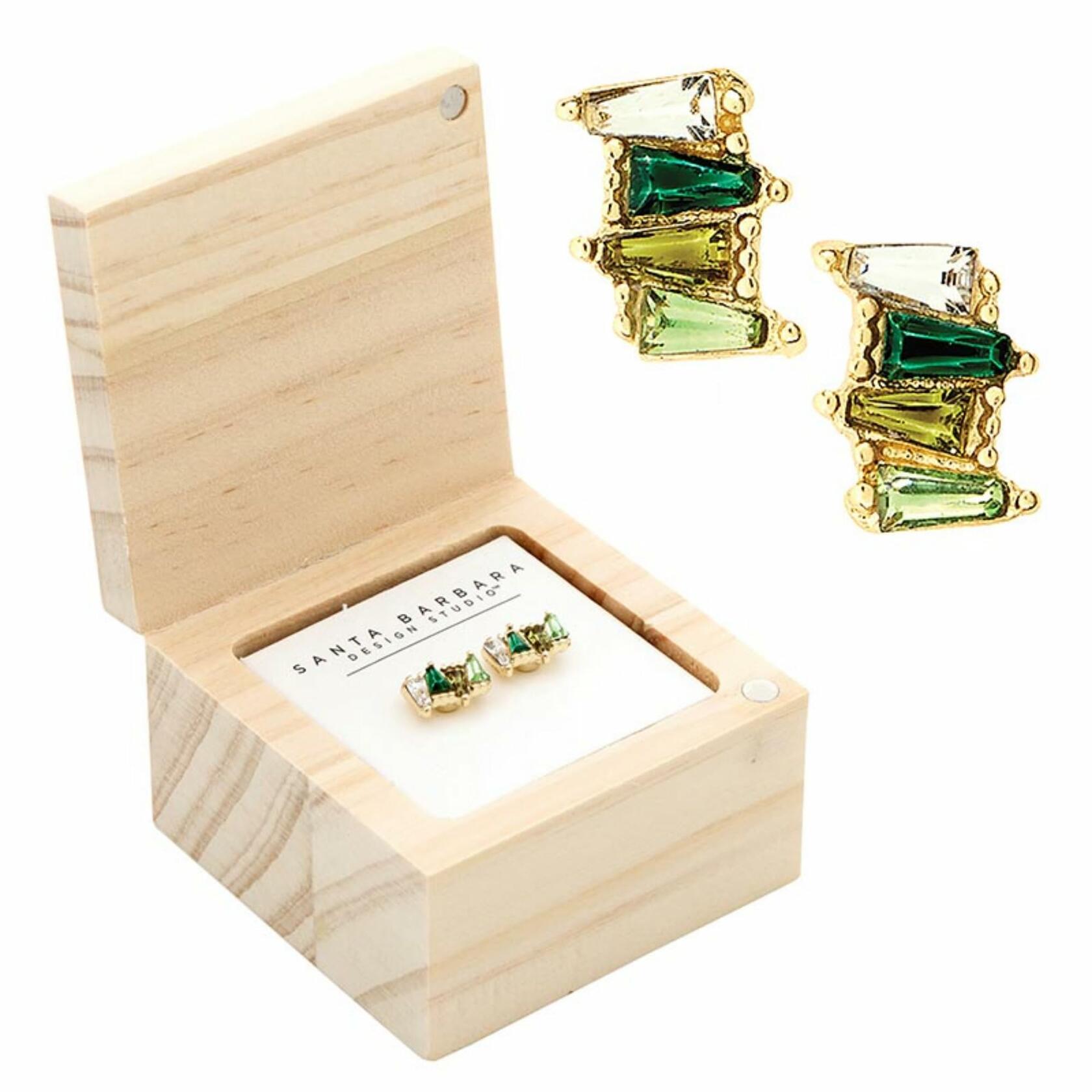 Green Flower Earring Set with Wood Gift Box by Santa Barbara Design Studio
