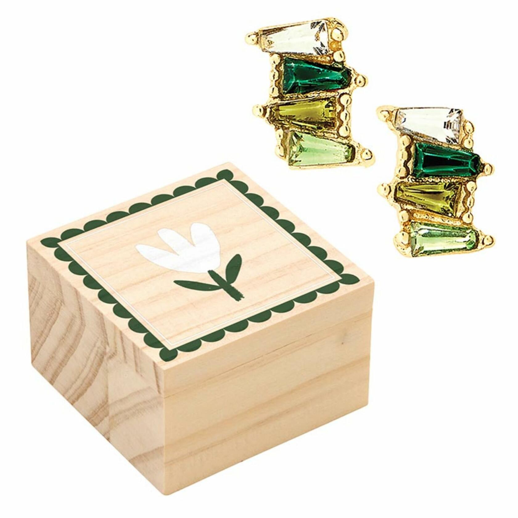 Green Flower Earring Set with Wood Gift Box by Santa Barbara Design Studio