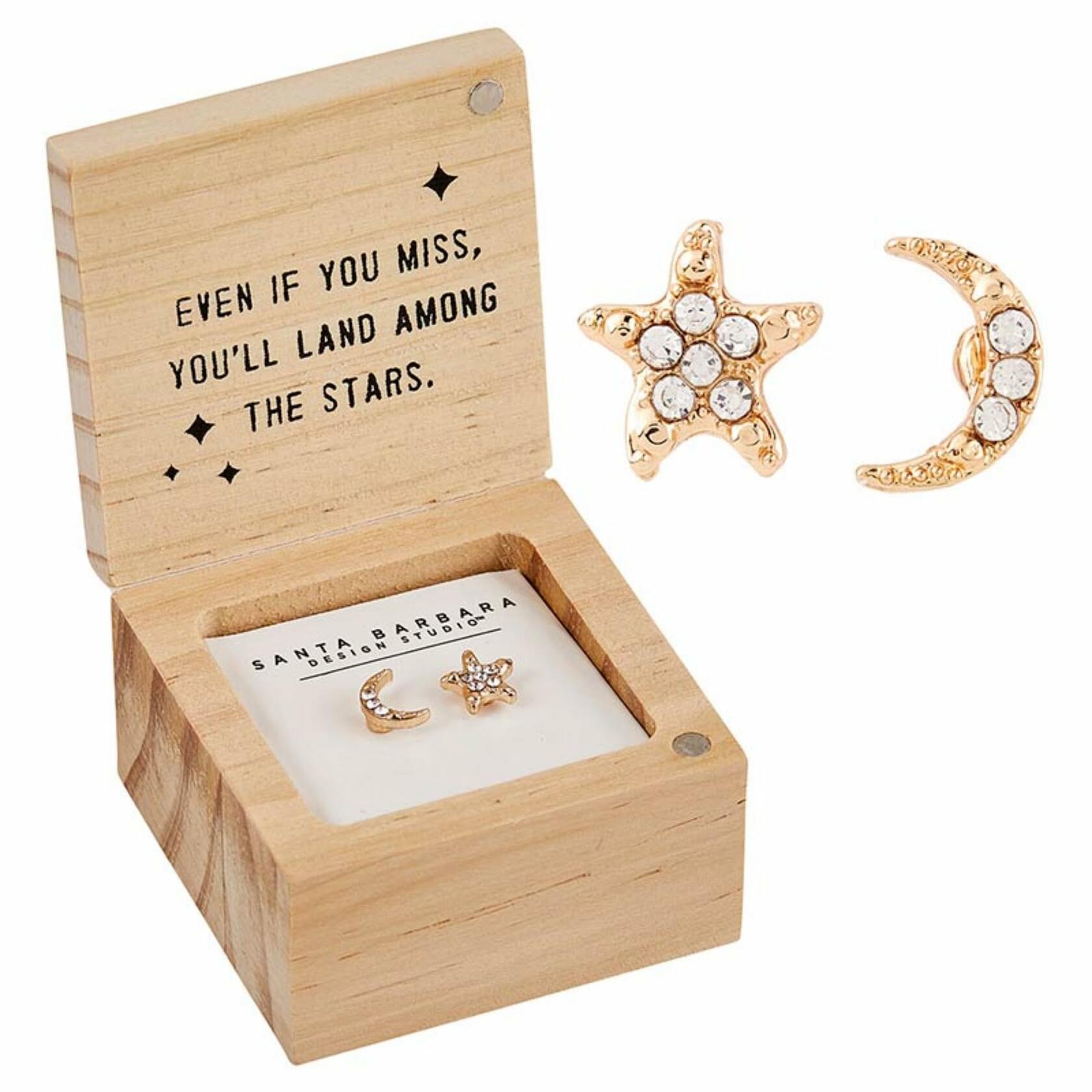 Moon & Star Dangle Earrings with Wood Gift Box by Santa Barbara Design Studio