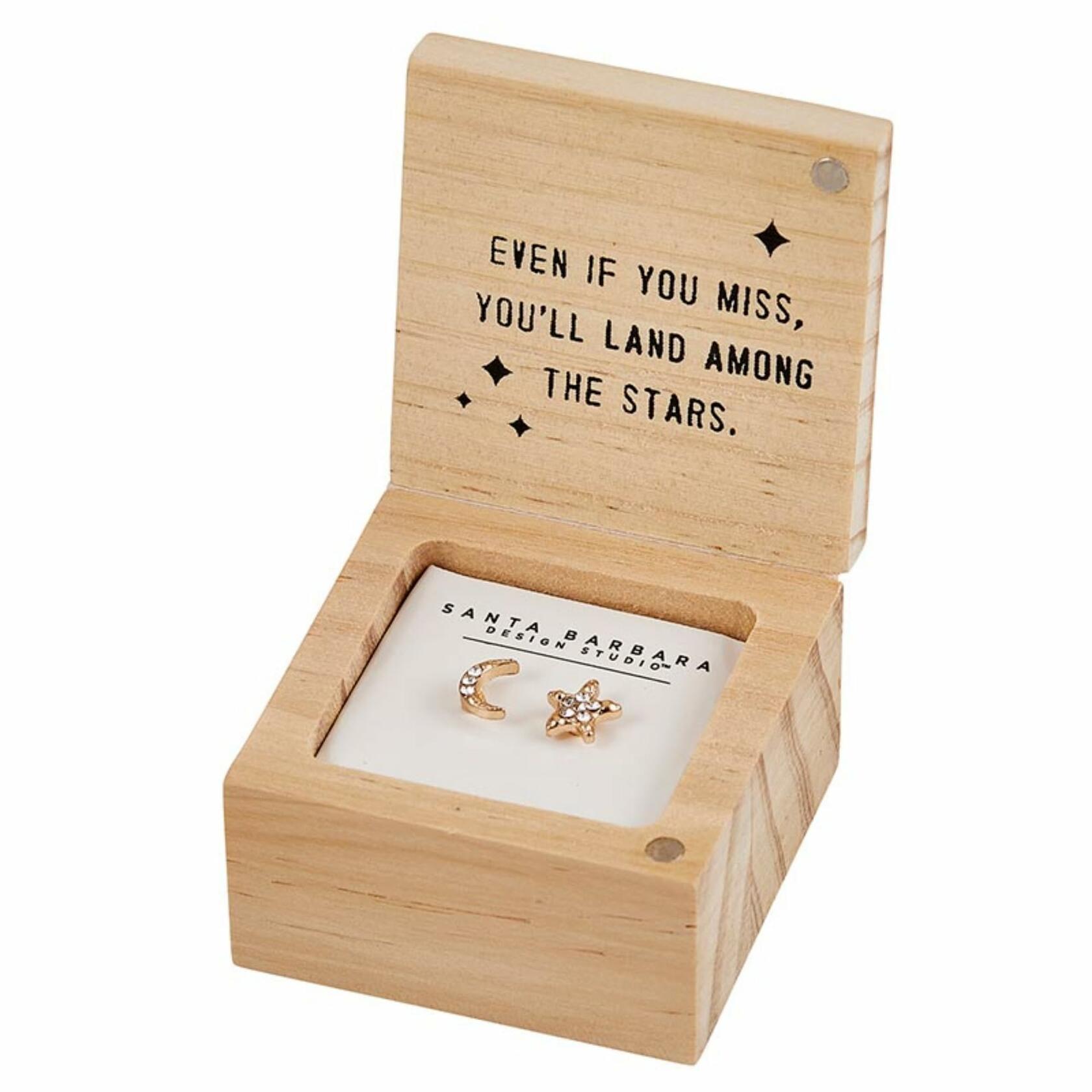 Moon & Star Dangle Earrings with Wood Gift Box by Santa Barbara Design Studio