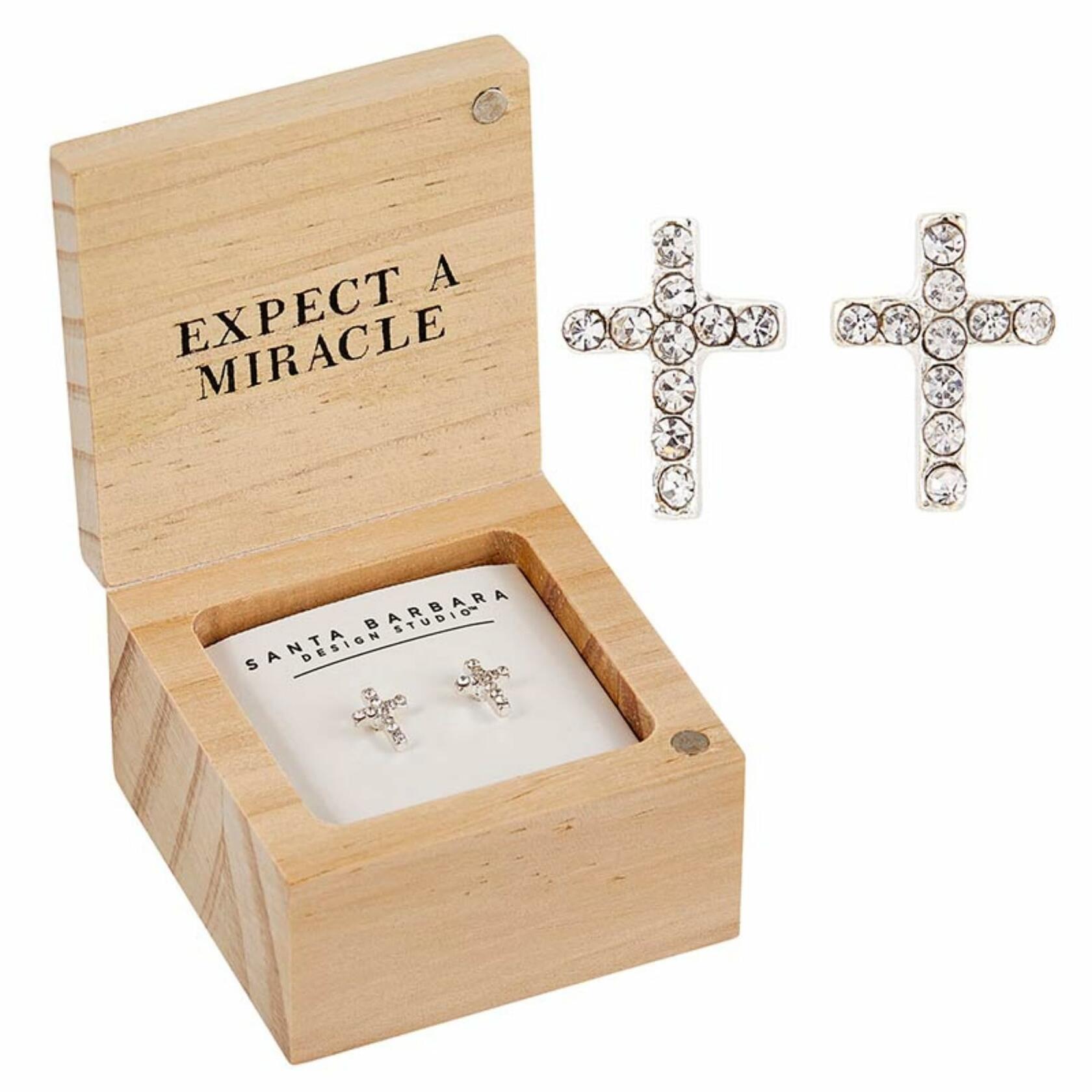 Cross - Pray Trust Wait Stud Earrings with Wood Gift Box by Santa Barbara Design Studio