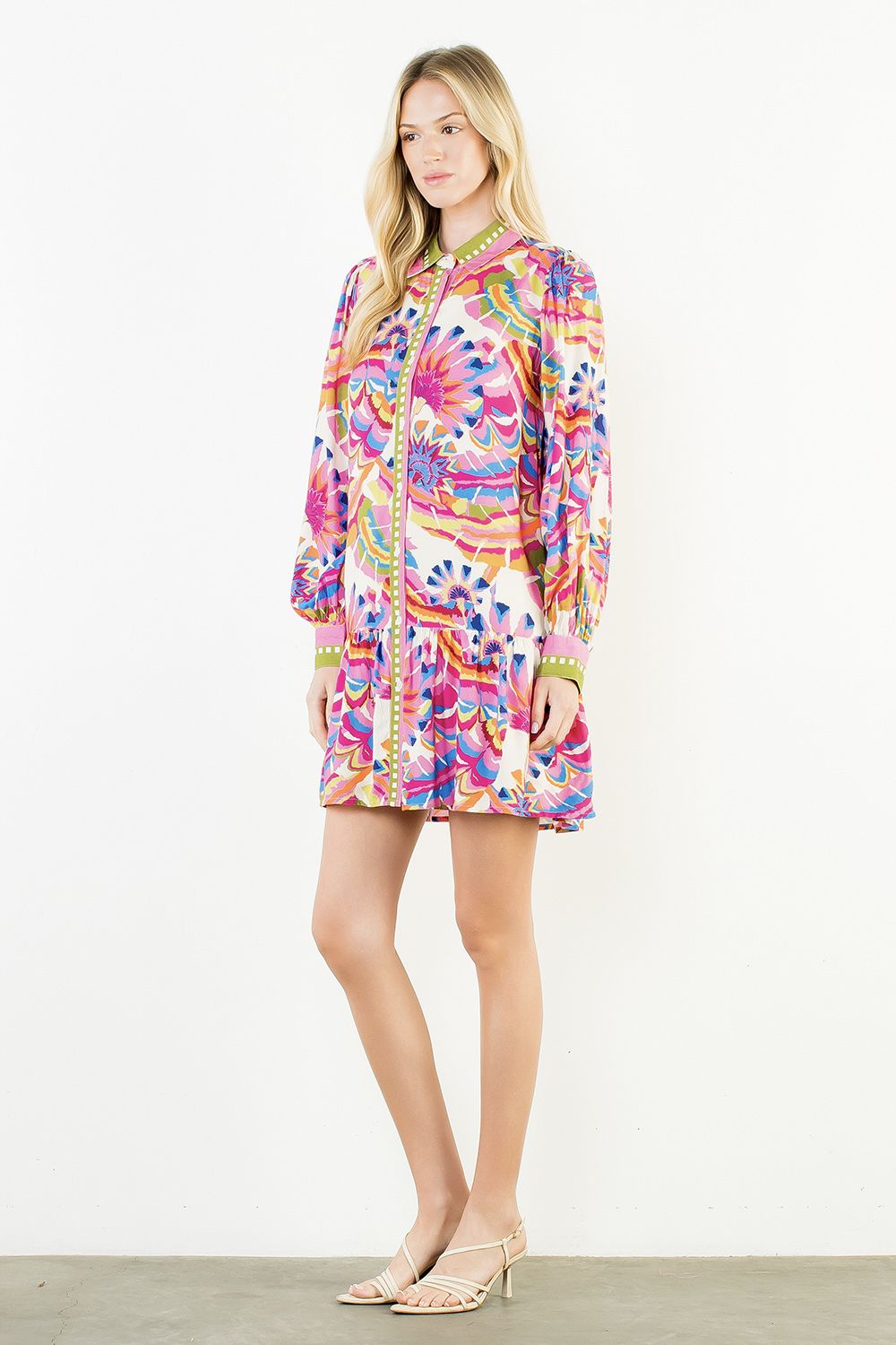 Kimberly Long Sleeve Pattern Button Up Dress