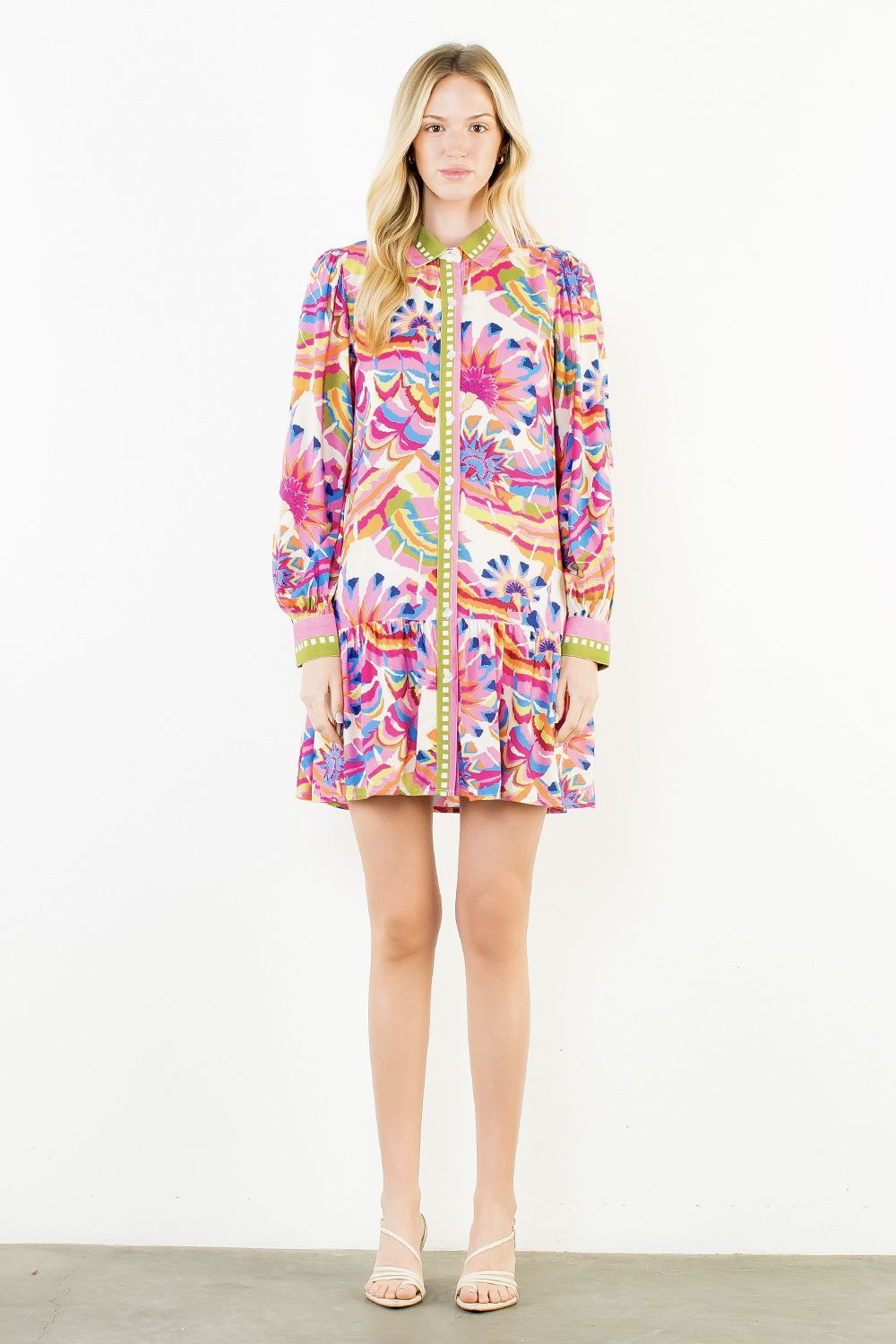 Kimberly Long Sleeve Pattern Button Up Dress