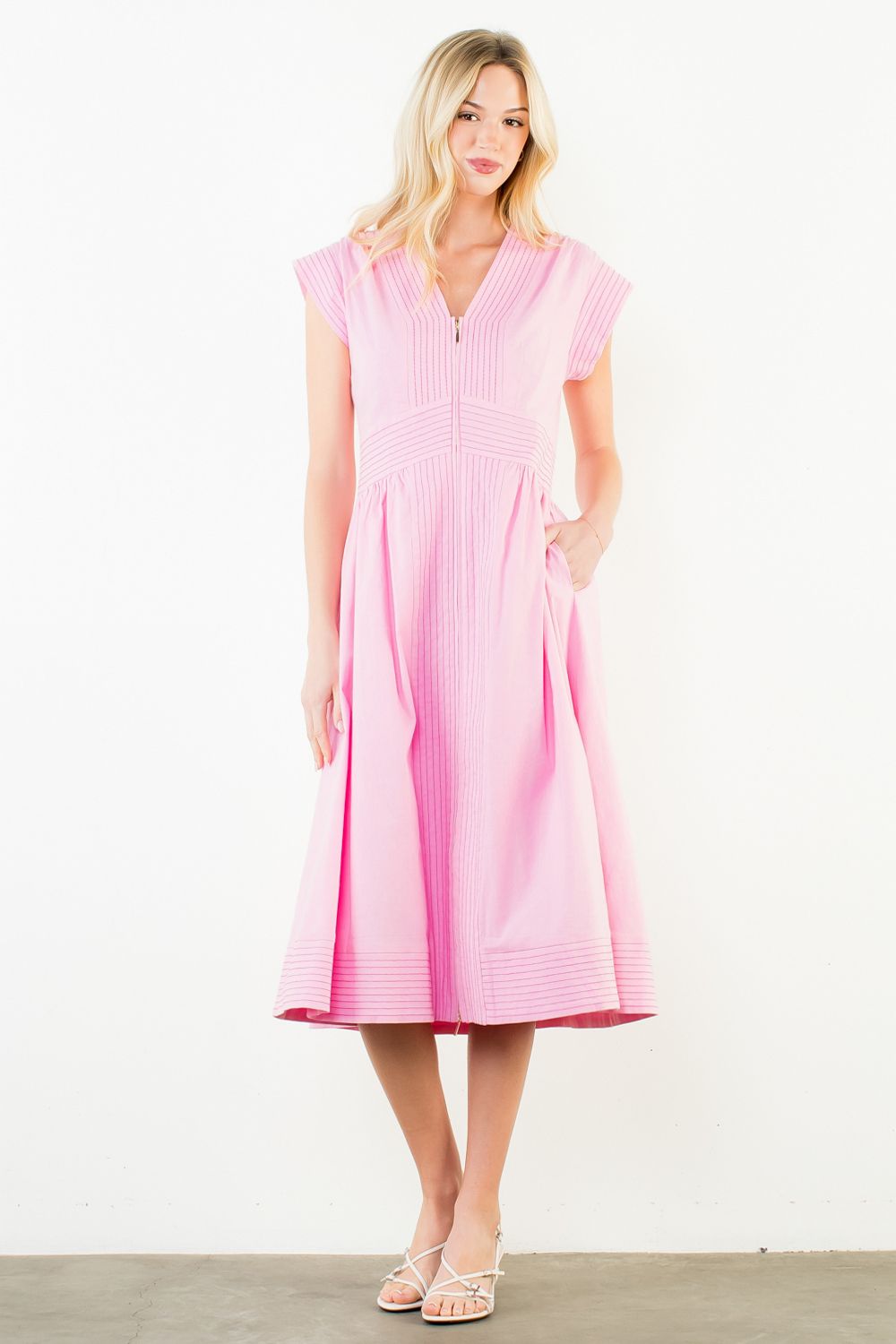 Short Sleeve Pintuck Zip Midi Dress