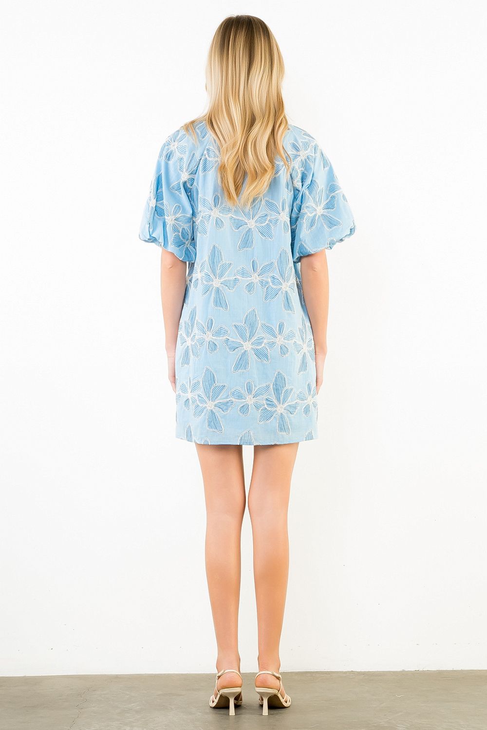 Clara Puff Sleeve Emb Dress With Ruffled Collar