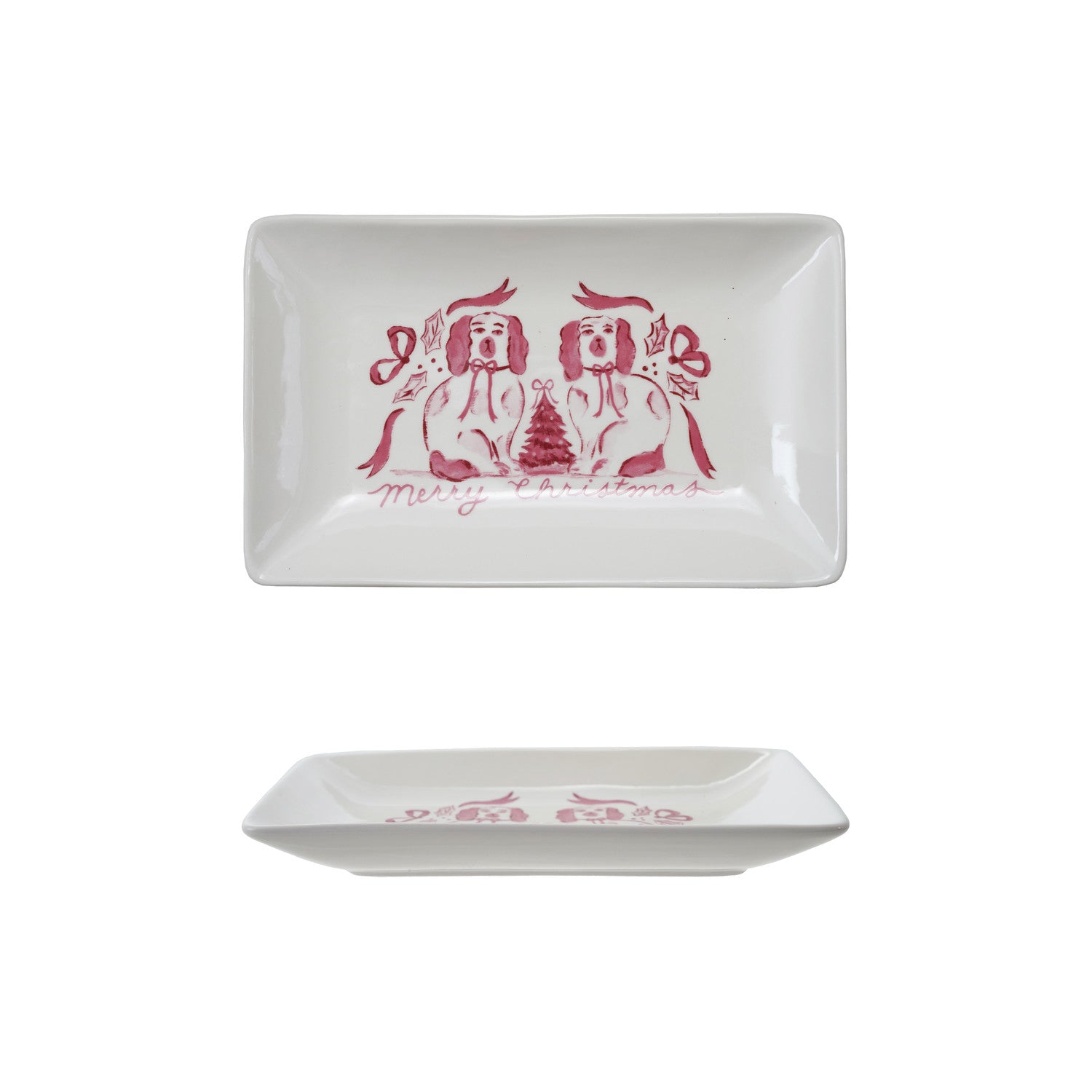 Stoneware Dish with Staffordshire Dogs Image "Merry Christmas" ©