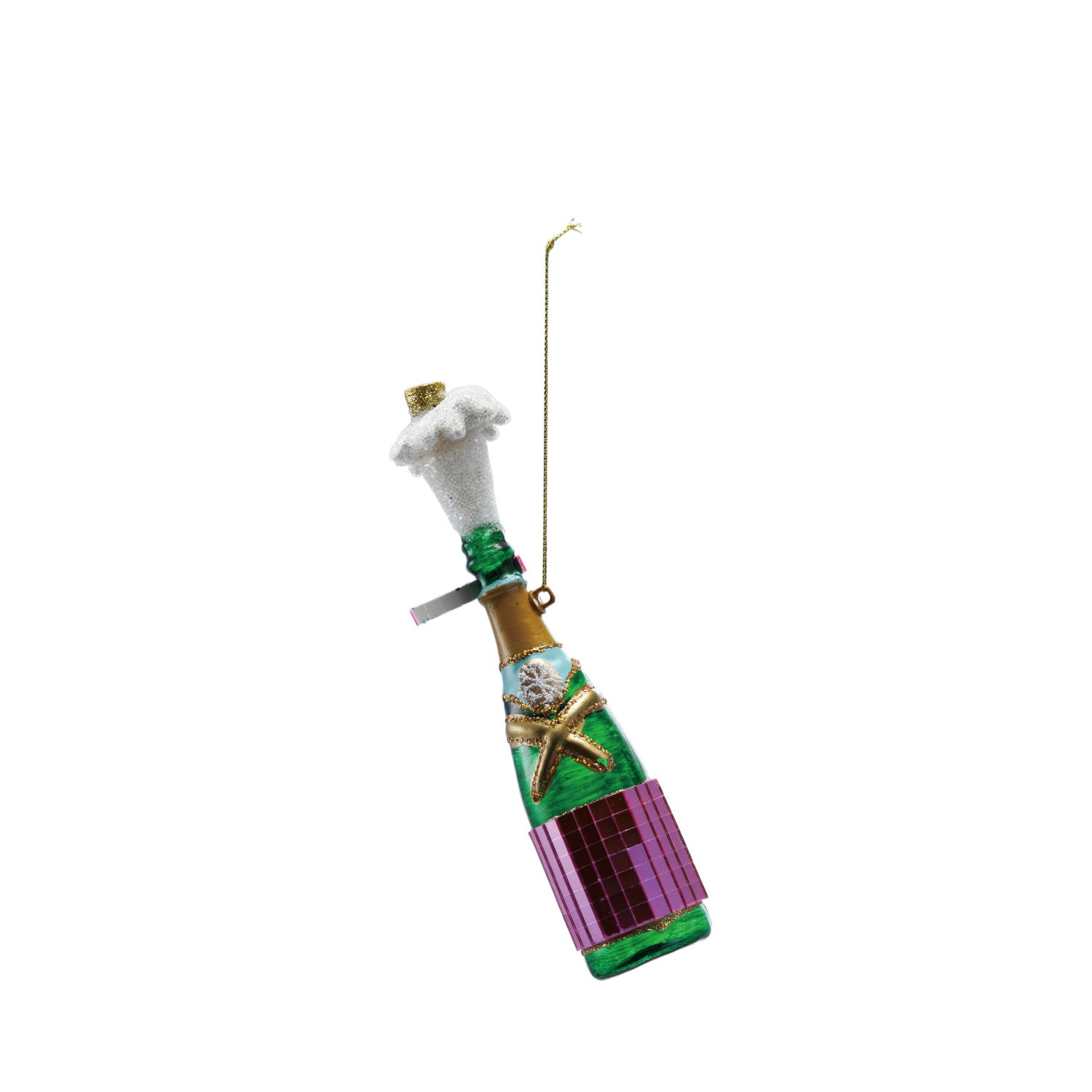 6-3/4"H Glass Champagne Bottle Ornament with Glitter, Multi Color
