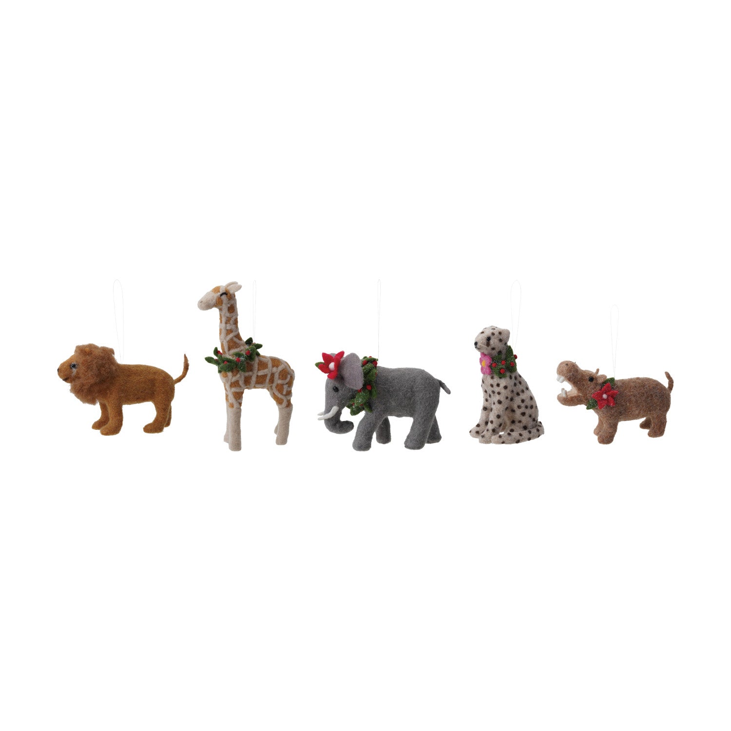 Handmade Wool Felt Safari Animal Ornament with Wreath, 5 Styles ©