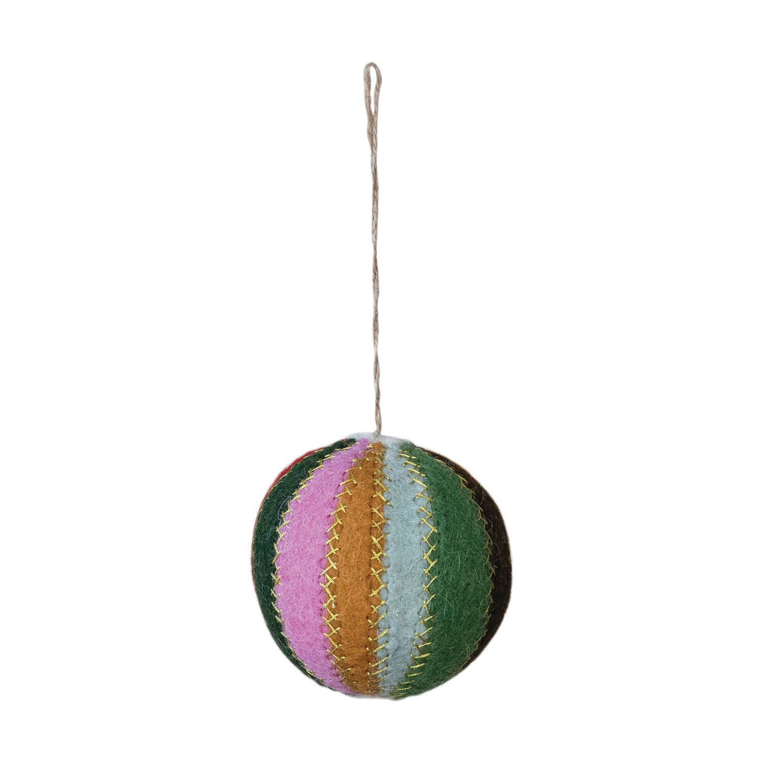 Handmade Wool Felt Ball Ornament with Metallic Thread Embroidery
