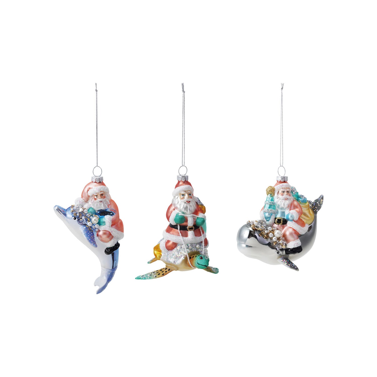 Santa Riding Sea Life Ornament with Glitter & Sequins, 3 Styles