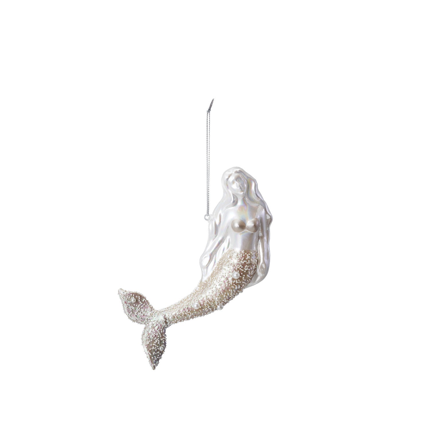 7"L Glass Mermaid Ornament with Glitter & Faux Pearls, White