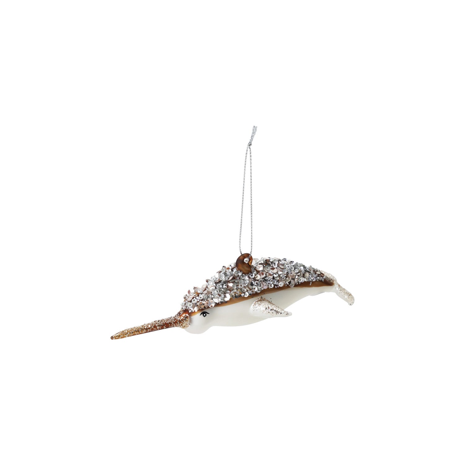 6-1/2"L Glass Narwhal Ornament with Beads & Glitter, White & Brown