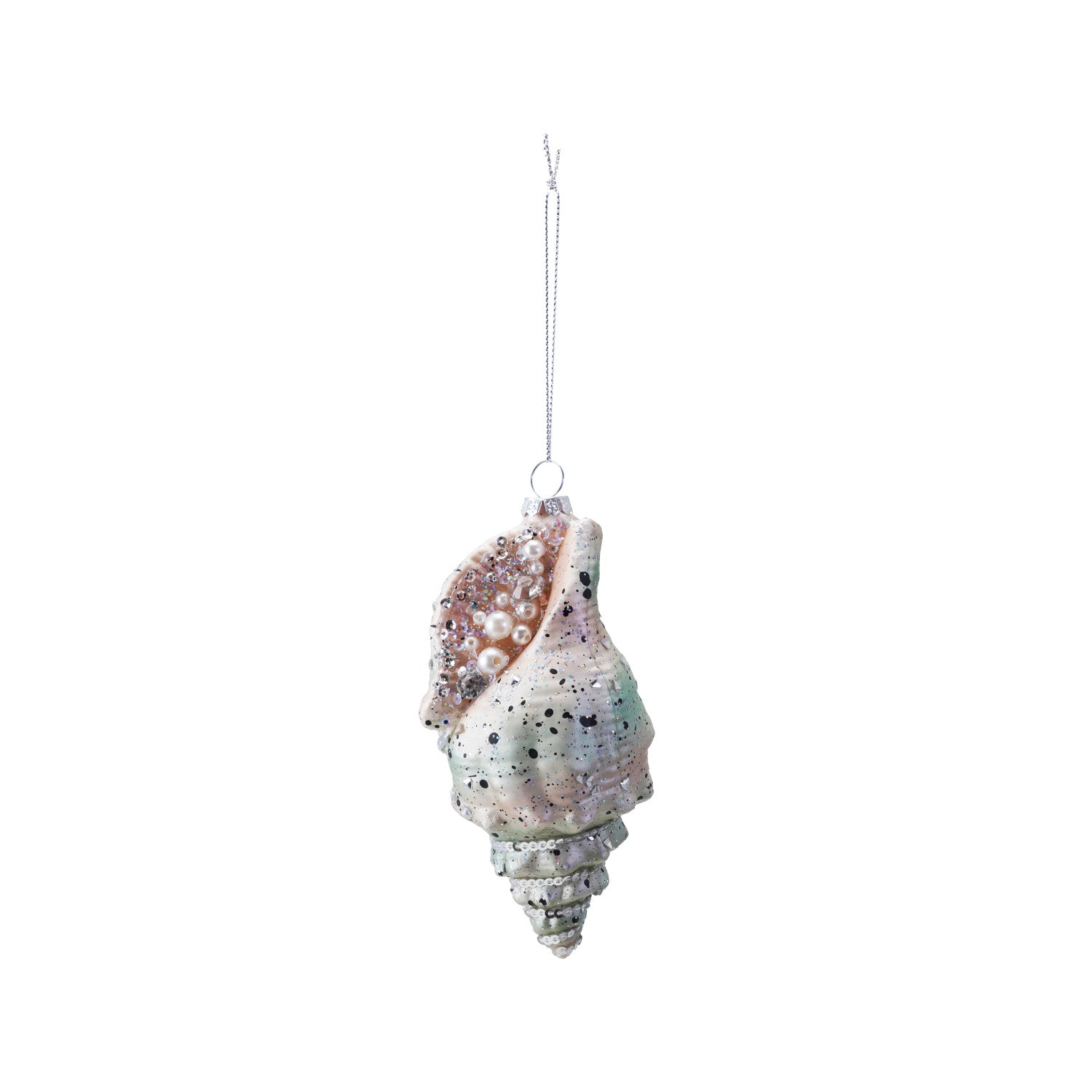Glass Conch Shell Ornament with Glitter & Beads, Silver Finish