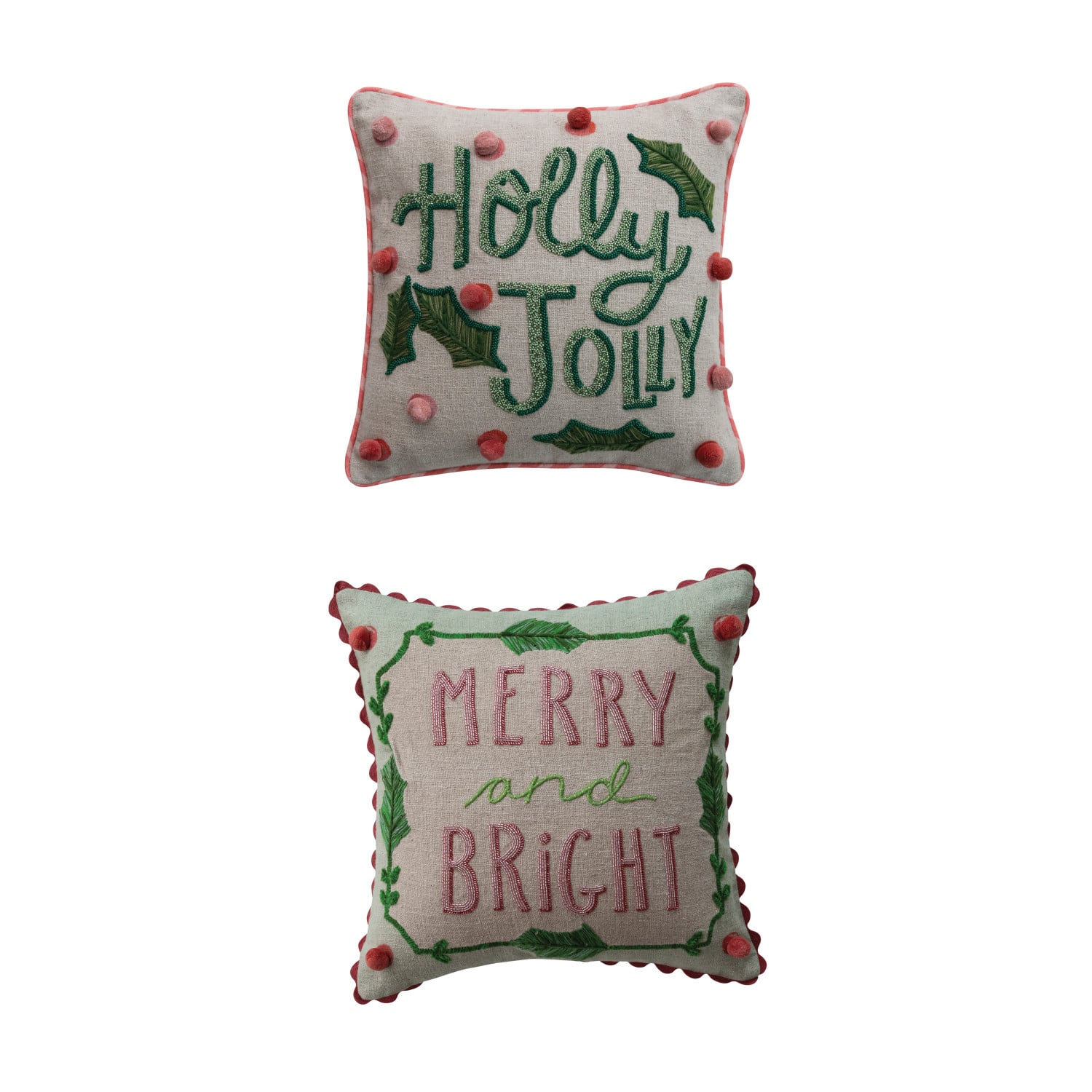 18" Square Linen Printed Pillow with Saying, Embroidery & Ric Rac Trim, 2 Styles