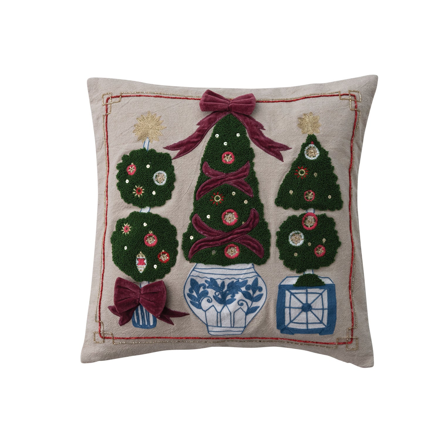 18" Square Cotton Chambray Pillow with Topiaries, Embroidery & Appliqued Velvet Bows