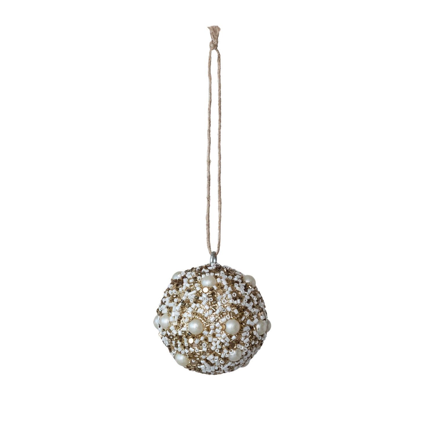 Glass Beaded Plastic Ball Ornament with Faux Pearls, Ivory Color & Gold Finish by Creative Co-Op