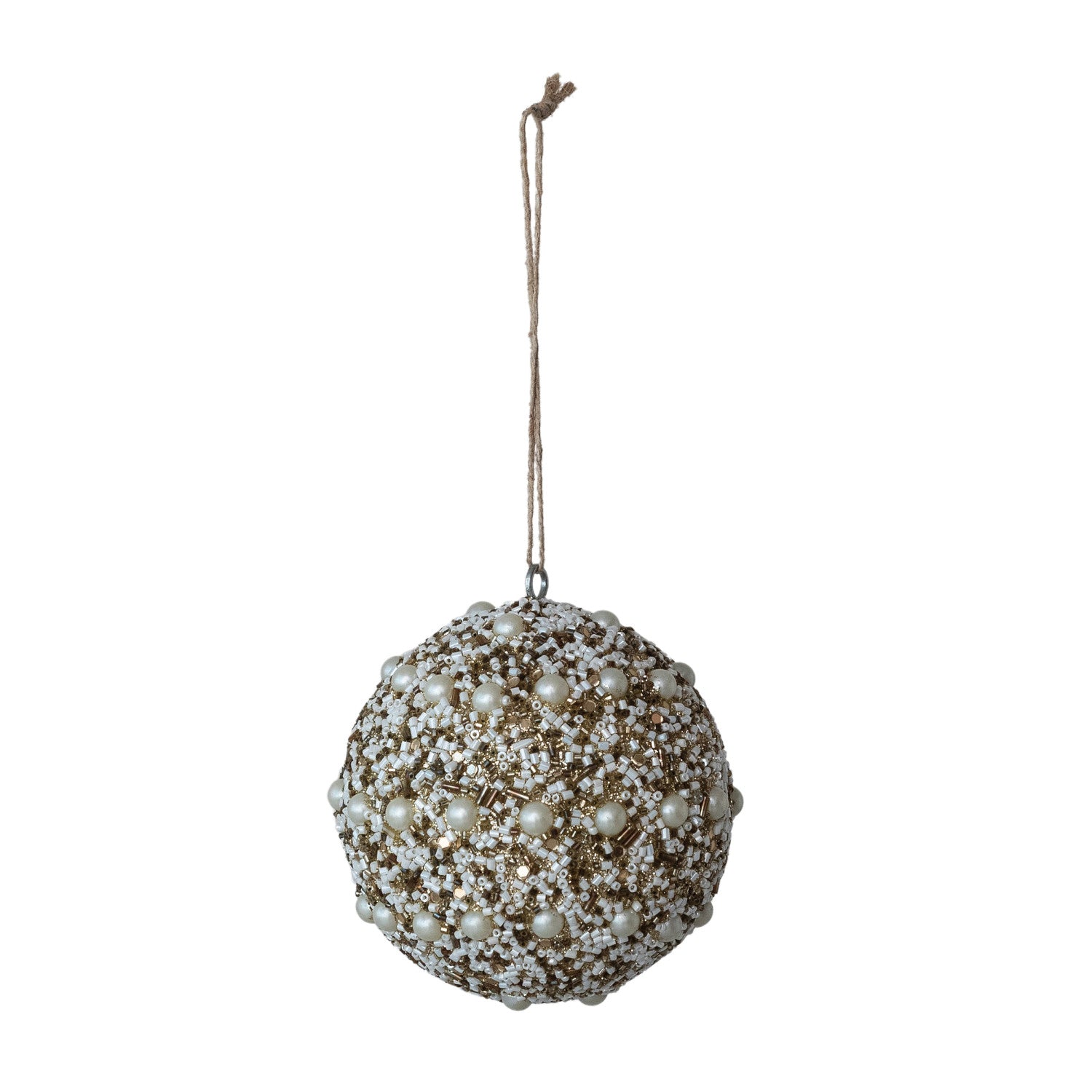 Glass Beaded Plastic Ball Ornament with Faux Pearls, Ivory Color & Gold Finish