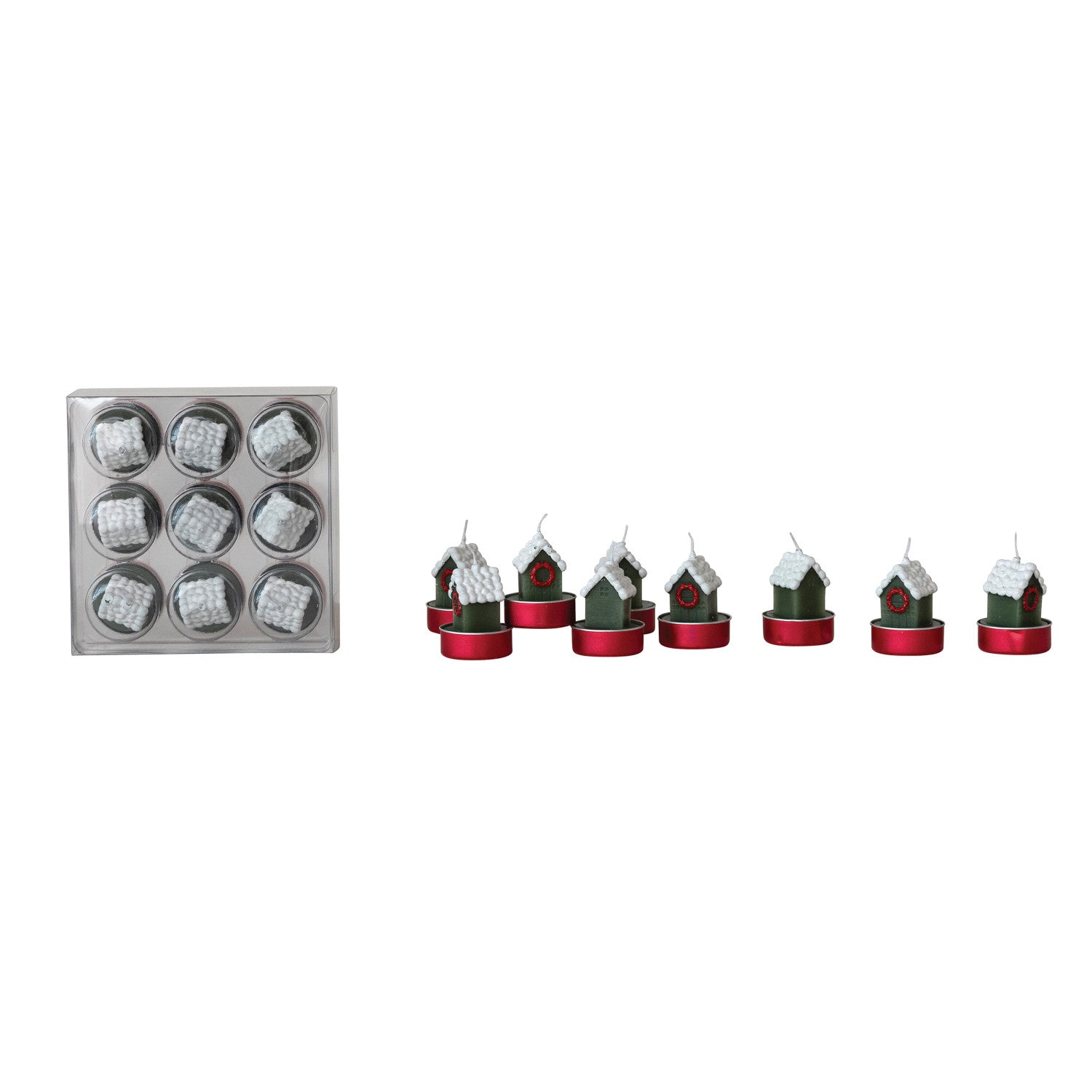 Unscented House with Snow & Wreath Shaped Tealights in Box, Set of 9