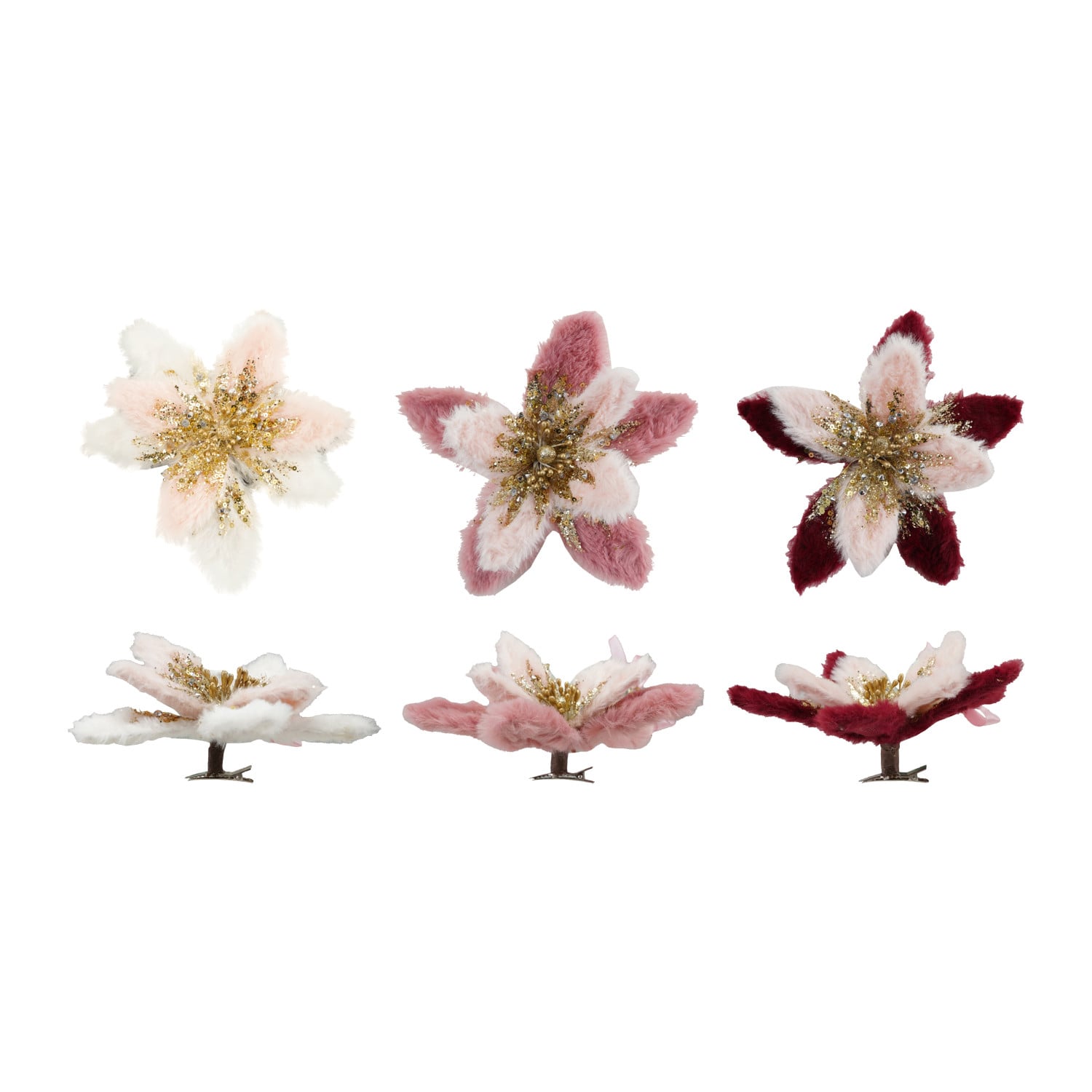 Faux Fur Poinsettia Clip-on Ornament with Glitter & Beads, 3 Colors by Creative Co-Op