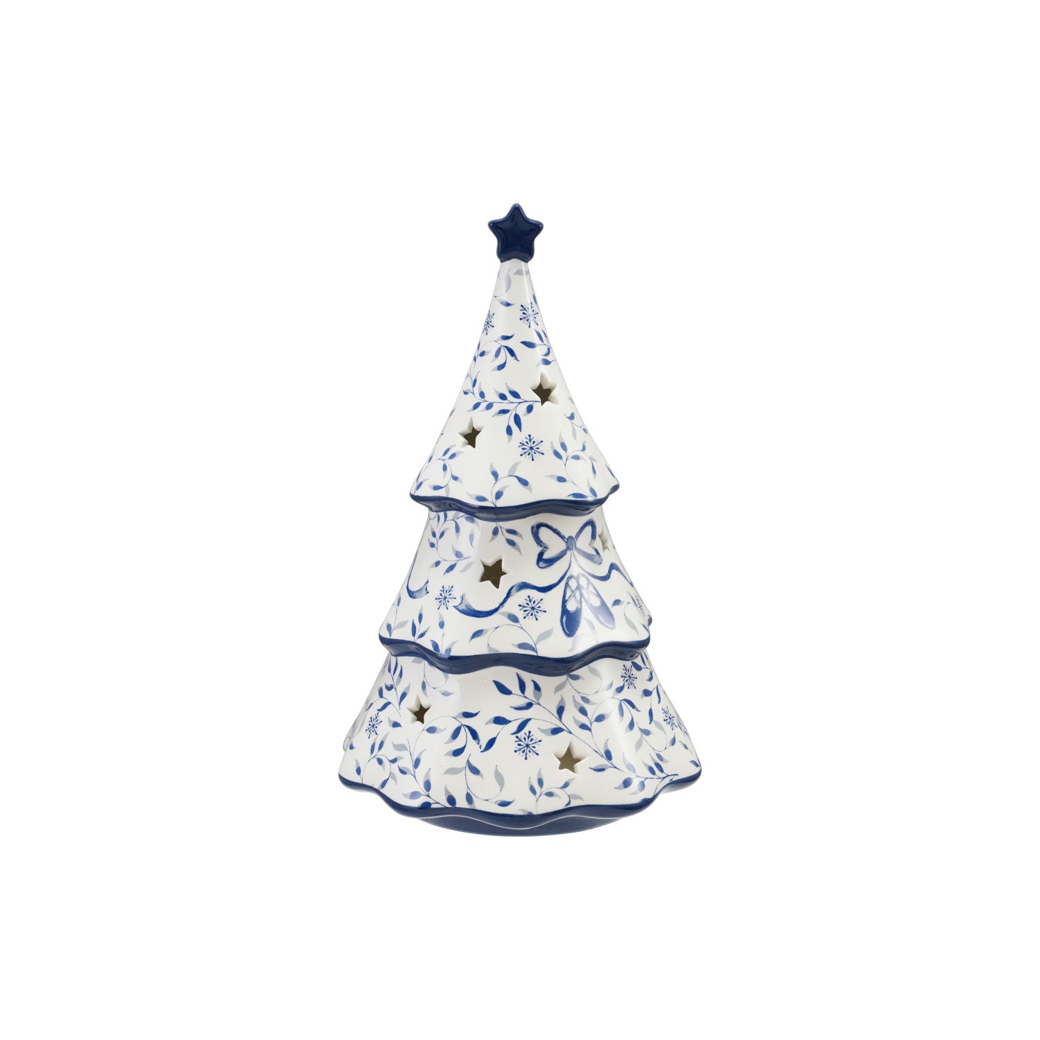 Ceramic Tree with Design, Star Cut-Outs & LED Light, White & Blue