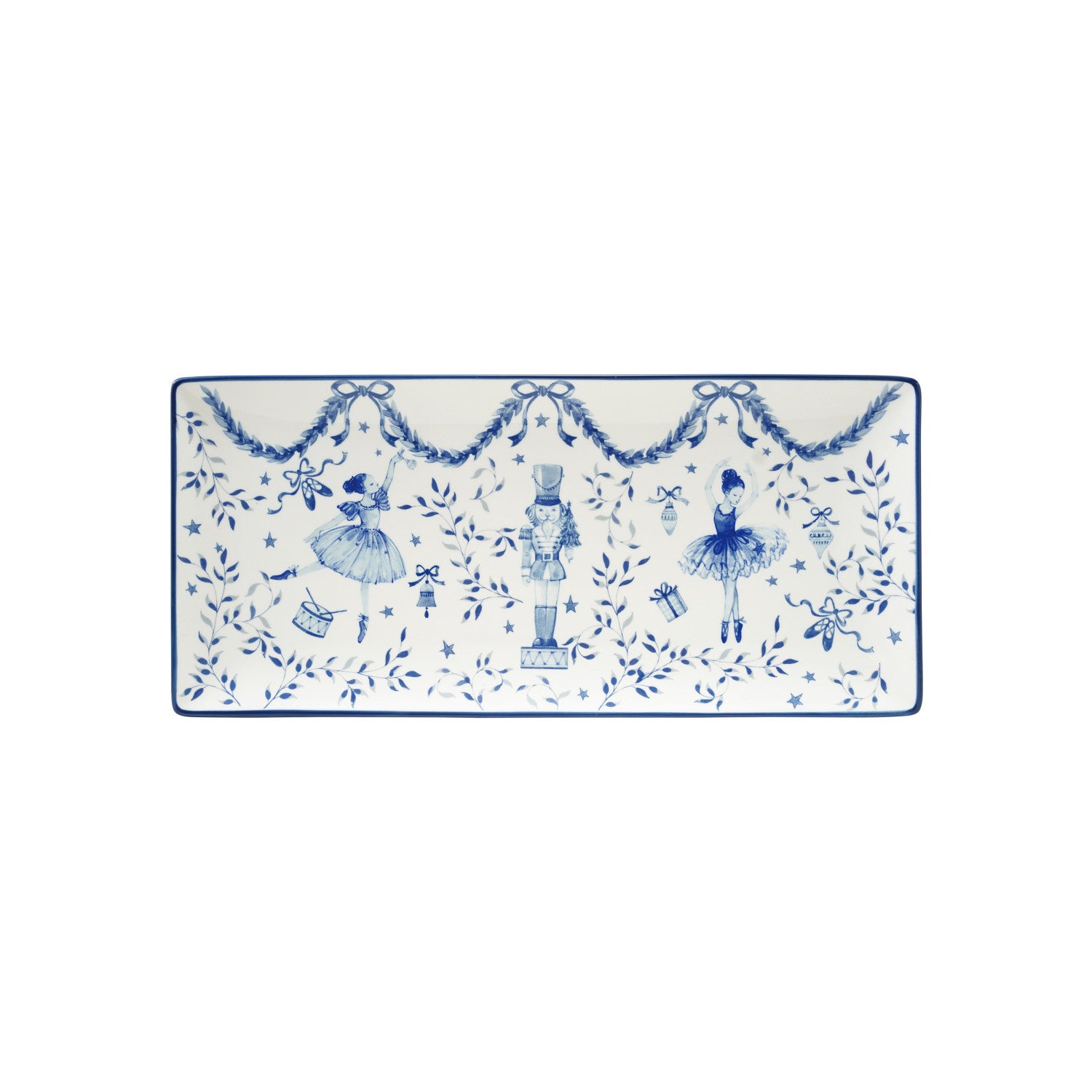 Stoneware Tray with Ballerinas & Nutcracker, White & Blue