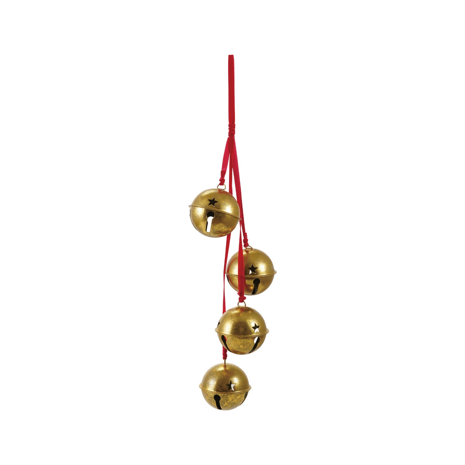 Hanging Metal Bells on Velvet Ribbon, Gold Finish & Red