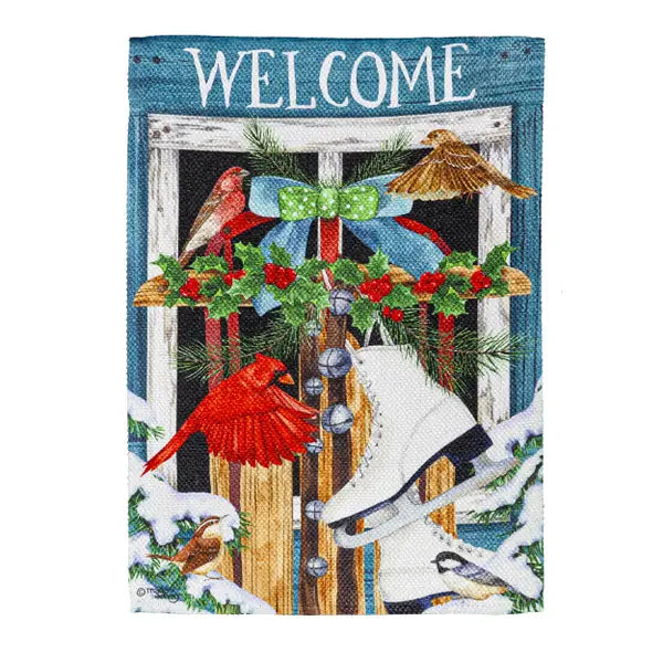 Welcome Sled and Skates Garden Textured Suede Flag