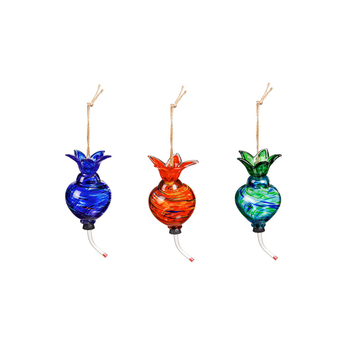 Hanging Art Glass Hummingbird Feeder with Built-in Floral Ant Moat