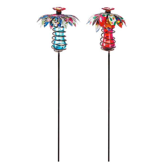 25.75"H Staked Glass and Metal Printed Flower Hummingbird Feeder