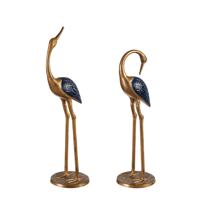 Midnight Blue and Golden Metal Cranes Statuary