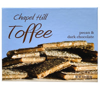 Each piece is coated on both sides with a top-secret blend of dark chocolates. The smooth layers are finished off with the sprinkling of pecans that gives Chapel Hill Toffee it's iconic look and distinctive southern twist!