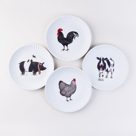 Farmhouse Animals "Paper" Set of 4 Assorted Plates, Melamine, 9"