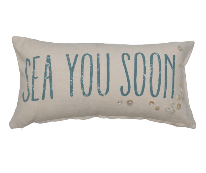Cotton Slub Pillow with Buttons "Sea You Soon"