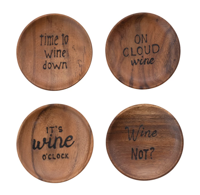 Acacia Wood Tapas Plates with Burned Wine Saying, Set of 4