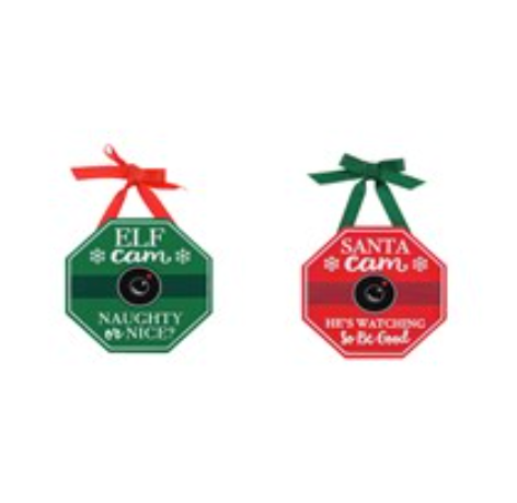 Elf/Santa Cam Wood Ornament with Bow