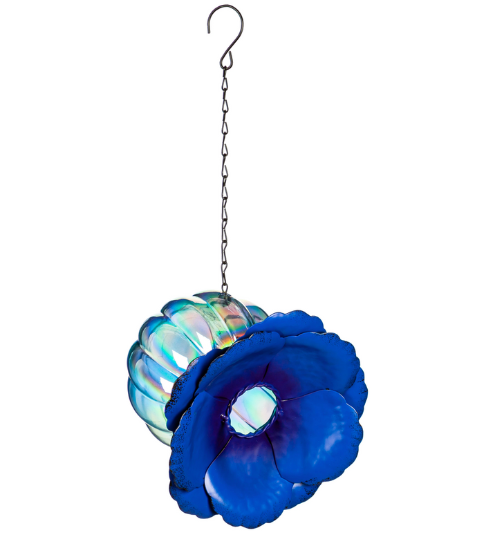Metal Flower with Iridescent Glass Bird Feeder, Blue Dahlia