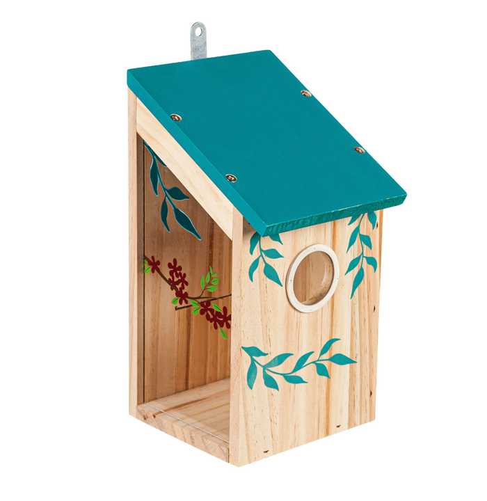 Wooden Bird House with Acrylic Viewing Window, Red Flowers