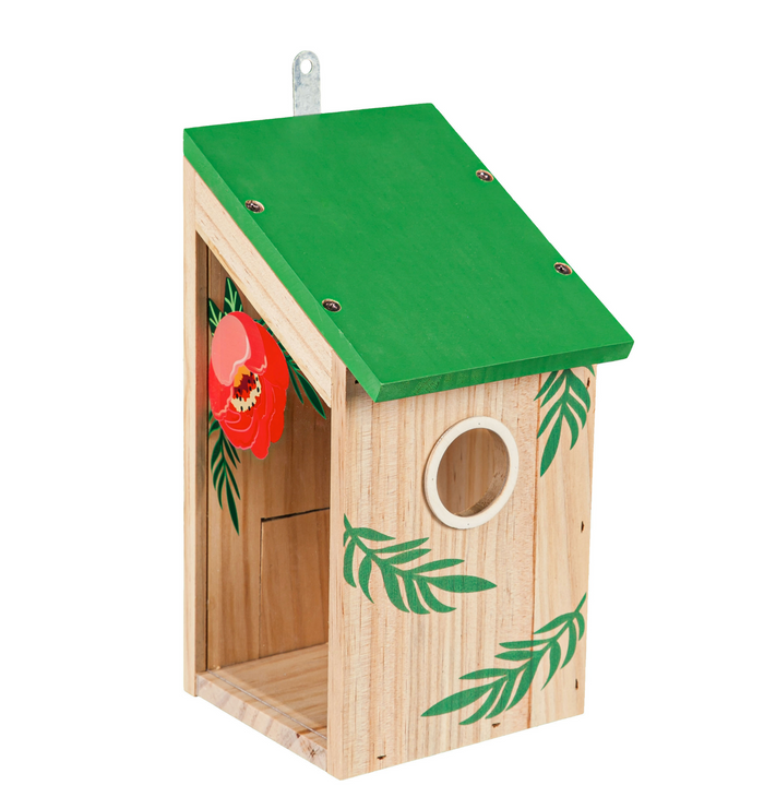 Wooden Bird House with Acrylic Viewing Window, Pink Flower