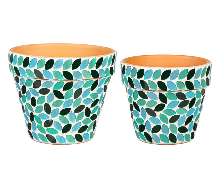 Nesting Green & Blue Leaf Mosaic Cachepots, 2 Sizes