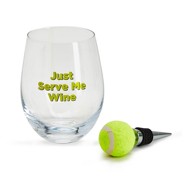 Tennis Stemless Wine Glass with Tennis Ball Wine Stopper