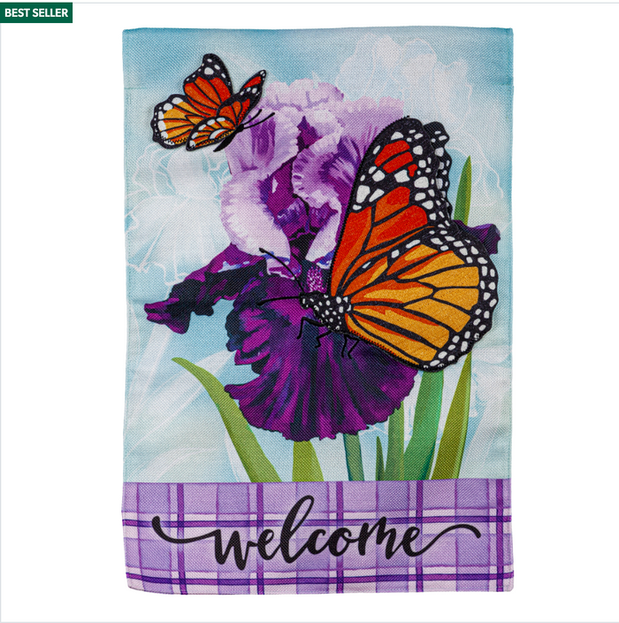 Iris Butterflies Garden Burlap Flag