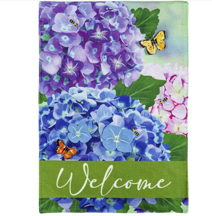 Hydrangea and Butterfly Welcome Garden Burlap Flag