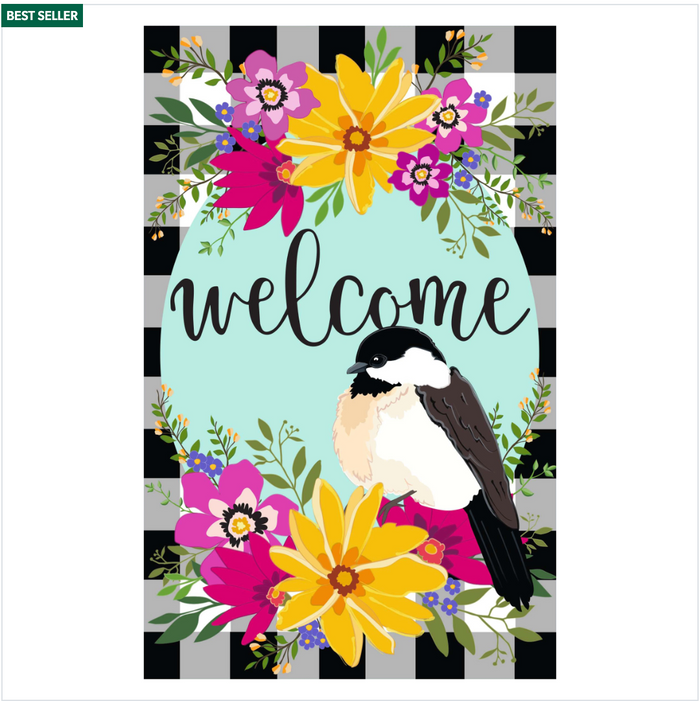 Farmhouse Chickadee with Check Garden Linen Flag