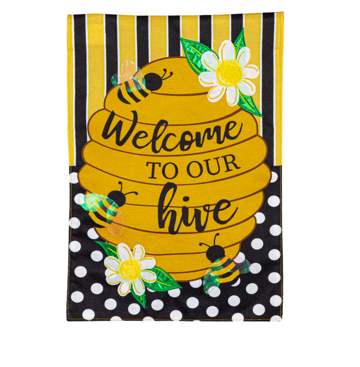 Welcome to our Hive Stripes and Dots Garden Burlap Flag