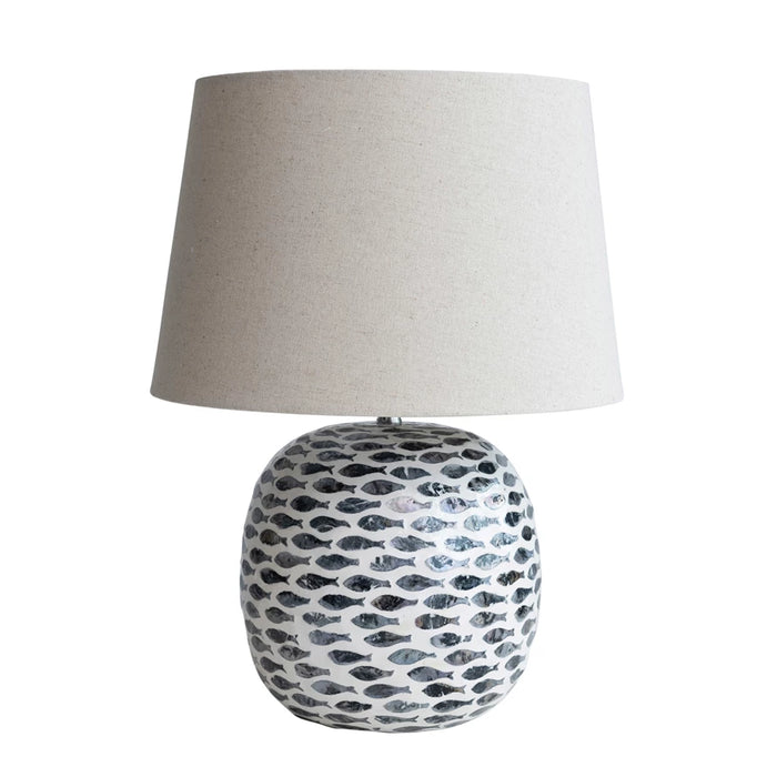 Capiz & Bamboo Table Lamp w/ Fish Pattern & Linen Shade, Blue & White