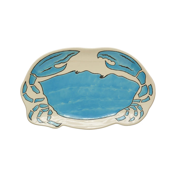 Stoneware Wax Relief Crab Shaped Plate, Blue & White