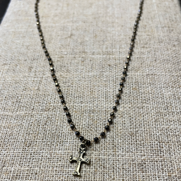 BRONZE BEADED NECKLACE WITH CROSS