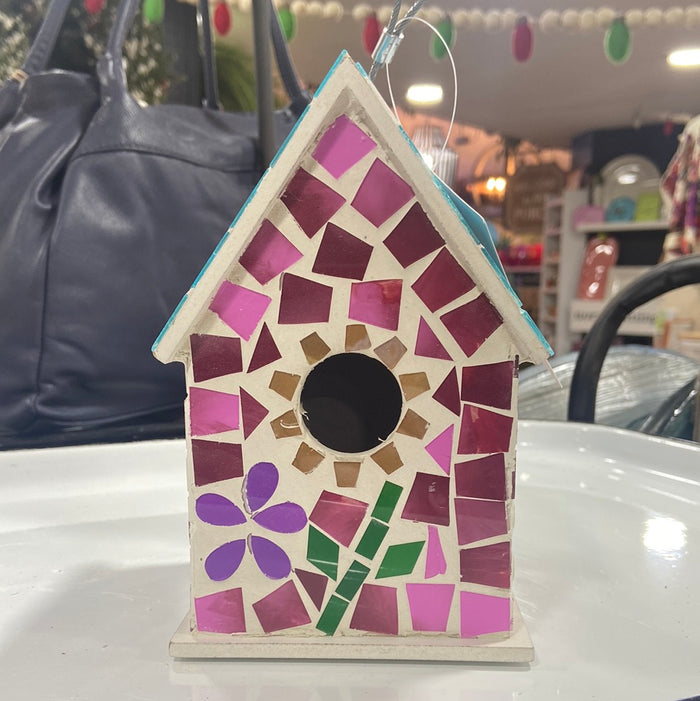 7"H Wood with Mosaic Details Bird House, Pink Floral