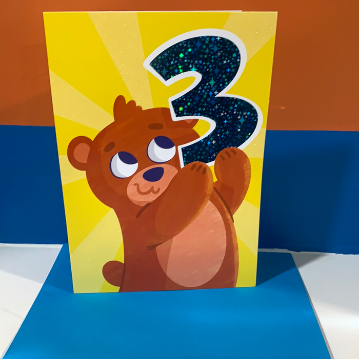 FOIL AND GLITTER - 3 YEAR OLD BEAR CARD